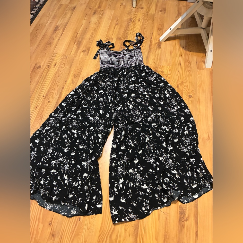 Free People Color My World Floral Smocked Wide Leg Jumpsuit Black White S